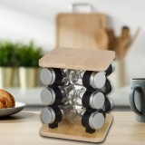 Suport Condimente Rotativ, 12 Recipiente Sticlă, Lemn, 17.5x17.5x21.5 cm, Oem