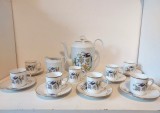 Se cafea / ceai, portelan Limoges Franta, personalizat, cu initialele DL cu auriu, decor cu flori si pasari exotice, set de 7, cu ceainic si letiera