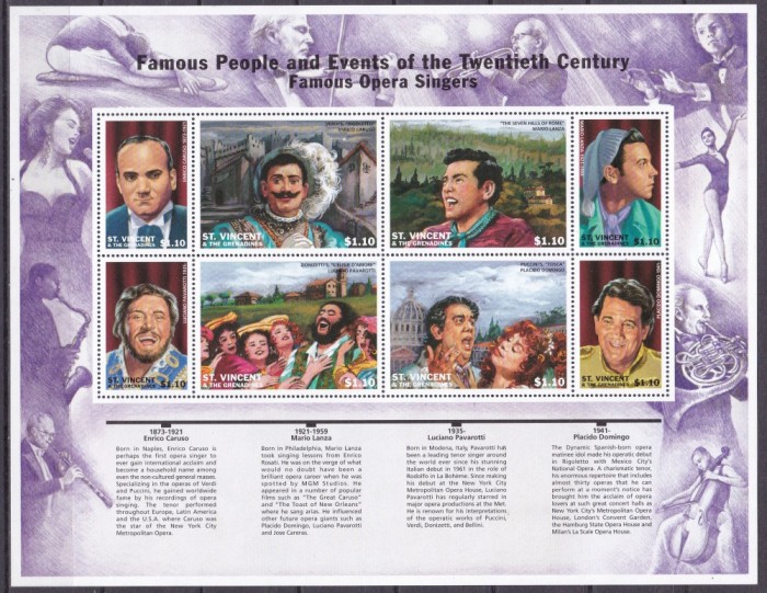 St. Vincent 1997 cantareti de opera i celebri i MI 4202-4217 2 kleib. MNH