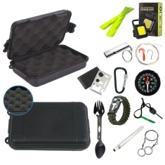 Kit supravietuire multifunctional outdoor 14 accesorii cutie etansa ABS 18x11x5 cm IP54 negru camping urgente