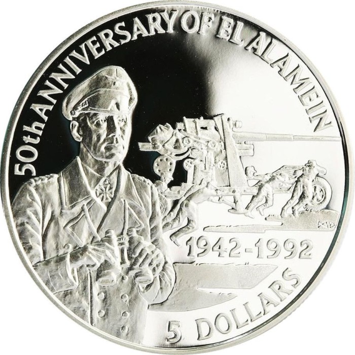 Belize 5 Dolari 1992 - Bătălia de la El Alamein (Erwin Rommel) Argint 28,28 g/925, 38 mm, Md5, KM-107 UNC !!!