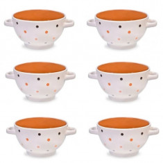 6 boluri de servit din ceramica pentru supa, cu manere, de culoare crem cu buline multicolore, 650 ml