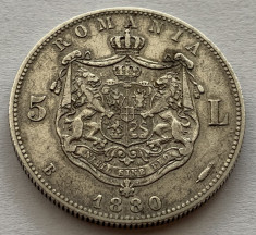 5 Lei 1880 Argint, Romania, Domn, varianta Kullrich pe cerc, Frumoasa foto