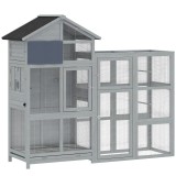 PawHut Volieră din lemn cu 6 bățuri de odihnă compartiment sertar extractabil boluri din oțel inoxidabil 196x60x164,5cm Gri | Aosom Romania