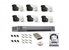 Sistem complet de supraveghere profesional Hikvision 6 camere IR60m, DVR 8 canale Turbo HD, inregistrare 4K, HDD 2 Tb, 100 m cablu CCTV, vizualizare p foto