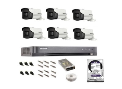 Sistem complet de supraveghere profesional Hikvision 6 camere IR60m, DVR 8 canale Turbo HD, inregistrare 4K, HDD 2 Tb, 100 m cablu CCTV, vizualizare p foto