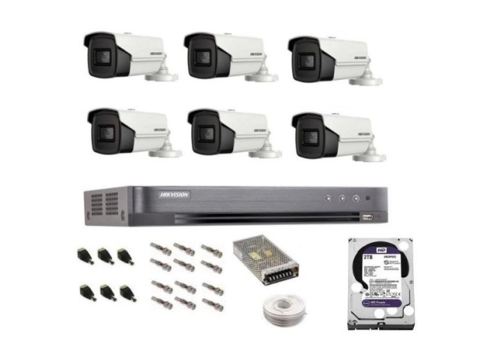 Sistem complet de supraveghere profesional Hikvision 6 camere IR60m, DVR 8 canale Turbo HD, inregistrare 4K, HDD 2 Tb, 100 m cablu CCTV, vizualizare p