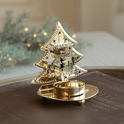 Suport Decorativ pentru Lumanare de Craciun, Flippy, Model Brad Auriu din Art Metal, pentru Masa fara Agatare, 10.5 x 9 x 7.5 cm, Auriu foto