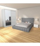Dormitor Gri Modern, Pat Tapitat Catifea 160x200 cm, Dulap 150x208 cm, Lungime totala 220cm