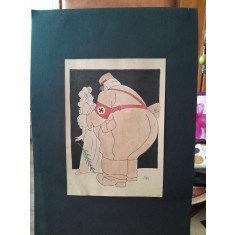 Caricatura, desen original in penita si ceracolor, semnata Iosif Ross 1899 - 1974, militar german agresand o femeie, cu paspartu