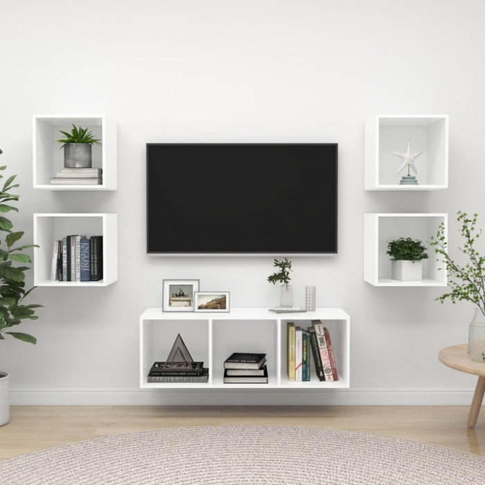 Set de dulapuri TV, 5 piese, alb, lemn prelucrat
