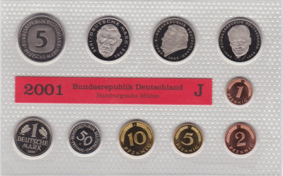 GERMANIA SET MONETARIE 1,2,5,10,50 PFENNIG 1,2,5 MARK 12.68 DM LIT. J 2001 UNC foto