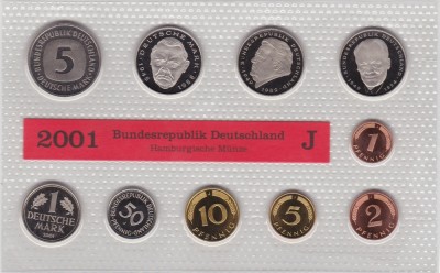 GERMANIA SET MONETARIE 1,2,5,10,50 PFENNIG 1,2,5 MARK 12.68 DM LIT. J 2001 UNC foto