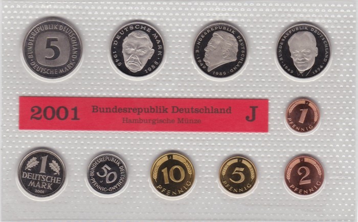 GERMANIA SET MONETARIE 1,2,5,10,50 PFENNIG 1,2,5 MARK 12.68 DM LIT. J 2001 UNC