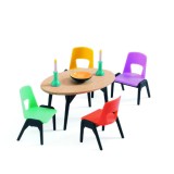 Mobilier Casuta Papusi Djeco Dining, Lemn, +4 Ani, Fete, Scara 1/16, Masa + Scaune, Accesorii, 17cm
