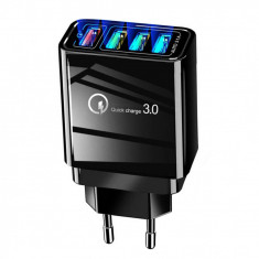 Adaptor priza cu 3 porturi USB Fast Charge si 1 port Quick Charge 3.1, Smart Led Design, Incarcator, Negru