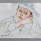 La Belle Chanteuse - pastel original pe hartie, grafica semnata 29x21cm
