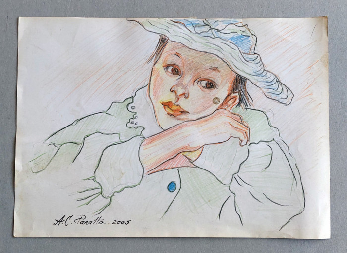 La Belle Chanteuse - pastel original pe hartie, grafica semnata 29x21cm