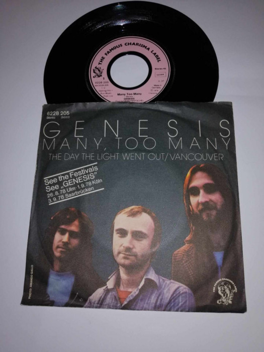 Genesis Many, too many single vinil vinyl 7&rdquo; Charisma 1978 Ger VG+