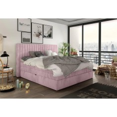 Pat boxspring MINOLA 160, catifea roz - Riviera 62, cu saltele, topper si 2 lazi pentru depozitare