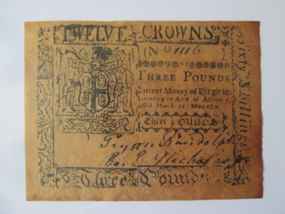 USA-Virginia Colonie Britanica 3 Pounds 1760 bancnota copie foto