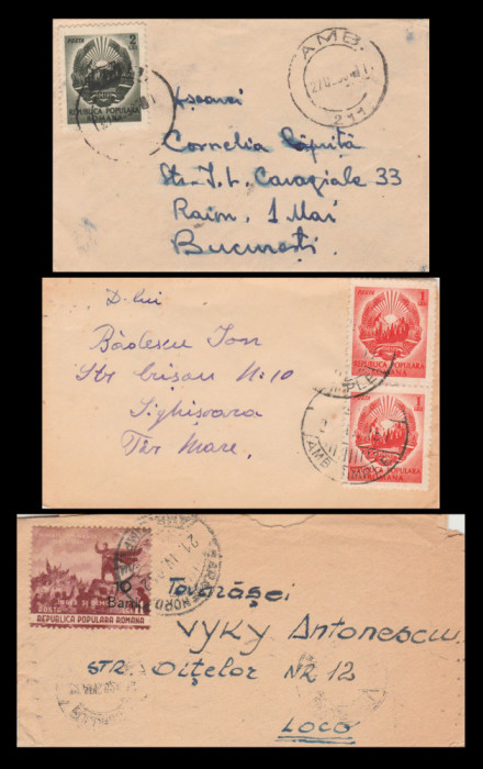 1951-1952 Romania - Lot 3 plicuri liliput circulate, stampila tren AMB 211