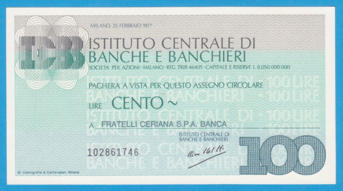 (2) CEC BANCAR ITALIAN - INSTITUTO CENTRALE DI BANCHE E BANCHIERI- 100 LIRE 1977