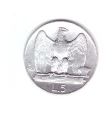 Moneda Italia 5 lire 1927, stare foarte buna, curata