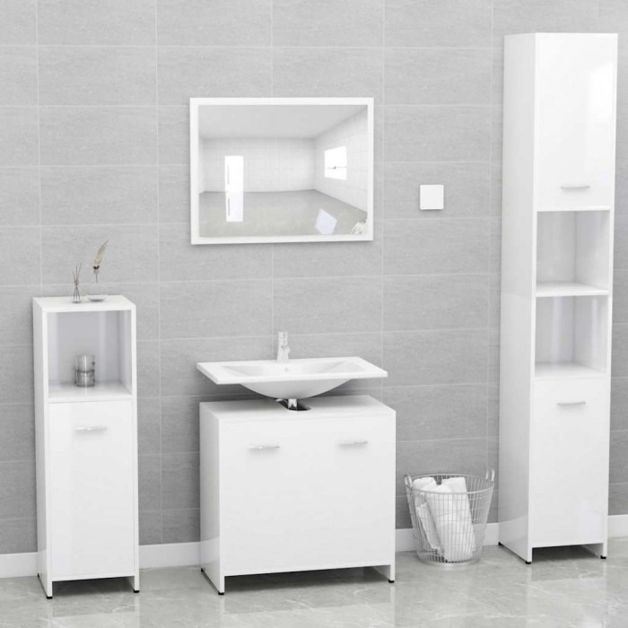 Set de mobilier de baie, alb extralucios, lemn prelucrat