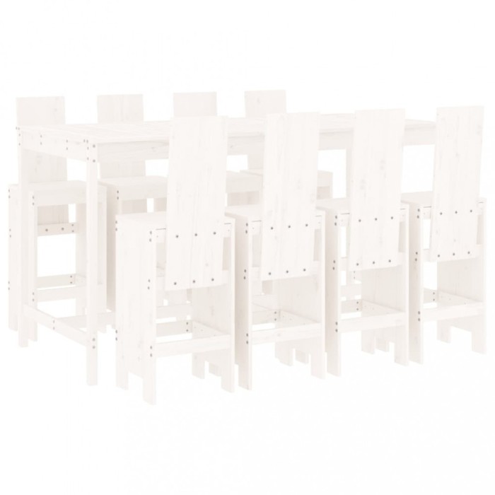 Set bar de gradina, 9 piese, alb, lemn masiv de pin
