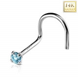 Piercing curbat din aur alb de 14K pentru nas, zirconiu albastru, 2 mm