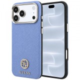 Husa MagSafe pentru Apple iPhone 18 Pro / 17 Pro, Guess, Grained Round Strass Logo, Bleu