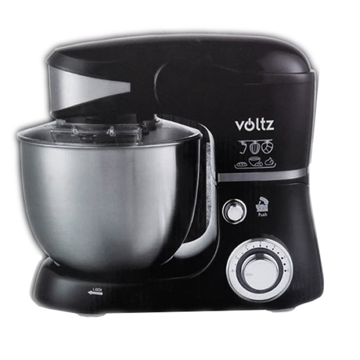 Robot bucatarie Voltz, 1600 W, 5 l, indicator LED, 6 viteze, functie Pulse bol inox, 3 palete incluse, miscare eliptica, Negru
