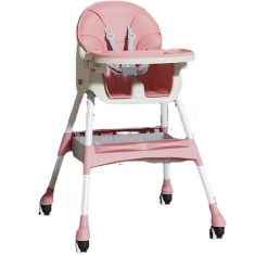 Scaun de masa pentru bebelusi si copii eMazing, Roz cu roti, telescopic, pliabil, masuta reglabila, suport picioare