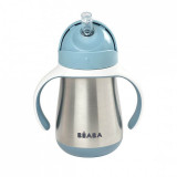 Cana din inox cu pai albastra, 250 ml, Beaba