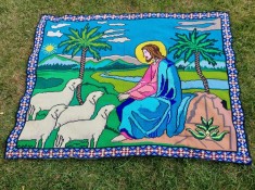 ** Peretar mare vechi cusatura pe etamina, Iisus (Isus) pastorul, 145 cm x 182cm, anii 60-70, Romania