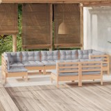 Cumpara ieftin Set mobilier de grădină cu perne gri, 9 piese, lemn masiv pin