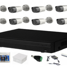 Sistem complet supraveghere cu 8 camere exterior Dahua CMOS 2MP, 3.6mm, Smart IR 20m, IP67, DVR 8 canale, accesorii montaj