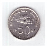 Moneda Malaezia 50 sen 1992, stare foarte buna, curata, Asia, Cupru-Nichel