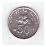 Moneda Malaezia 50 sen 1992, stare foarte buna, curata, Asia, Cupru-Nichel