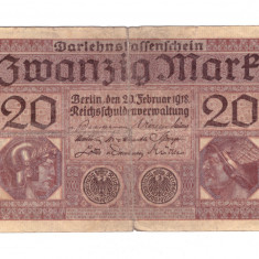 Bancnota Germania 20 mark/marci 20 februarie 1918, circulata, uzata