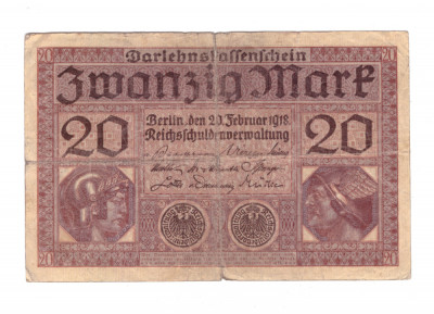 Bancnota Germania 20 mark/marci 20 februarie 1918, circulata, uzata foto