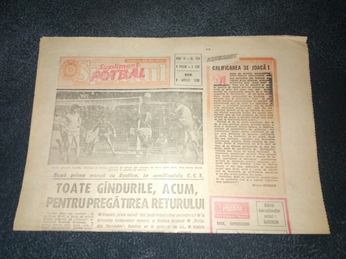 ZIARUL SPORTUL SUPLIMENT FOTBAL 8 APRILIE 1988 STEAUA BENFICA