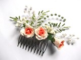 Pieptan Mireasa cu Flori Roz, Trandafiri, Perle Sticla, Margele Argintate - Accesorii Nunta Handmade