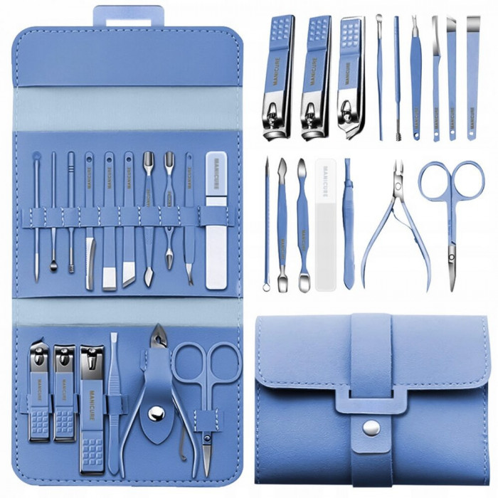 Set Manichiura si Pedichiura 16-in-1 cu plic din piele ecologica, model MANI-CUT BLUE , culoare Albastra