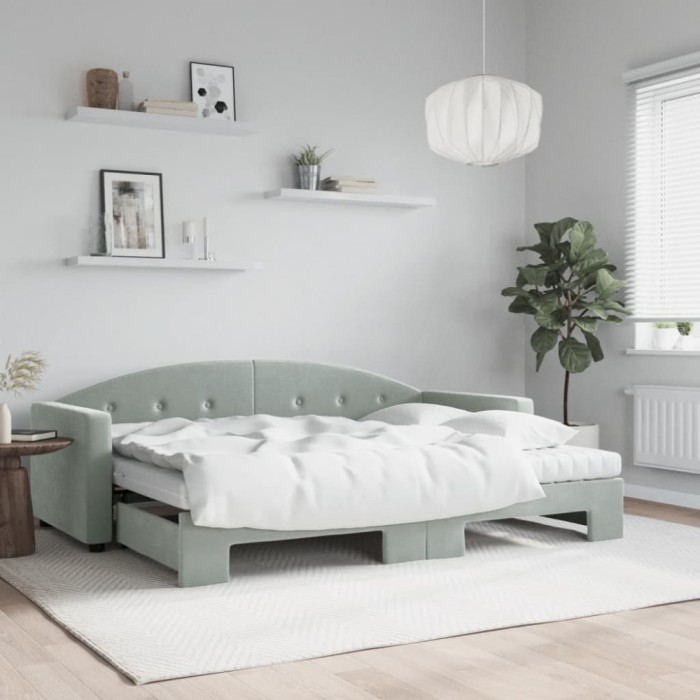 vidaXL Pat de zi cu extensie și saltele, gri deschis 80x200 cm catifea 3197318