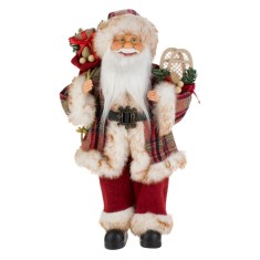 Figurină Decorativă Crăciun, Moș Crăciun, Costum Carouri Roșu Bej, 45cm, Poliester