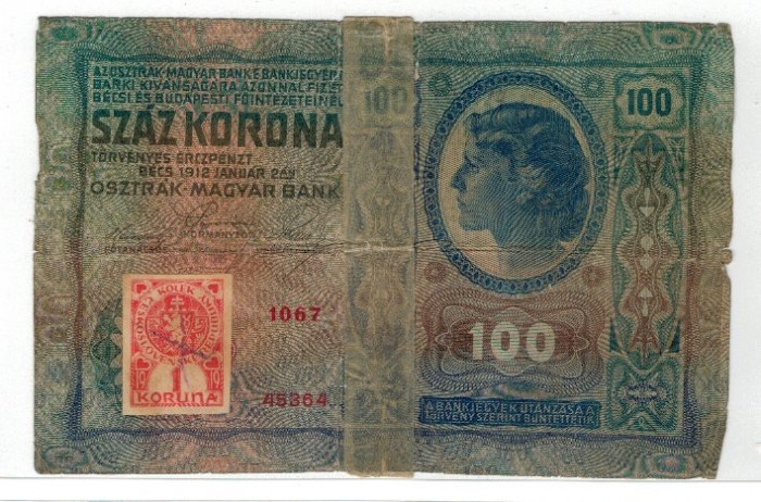 Austro-Ungaria 1912(1919) - 100 korona, timbru Cehoslovacia, uza