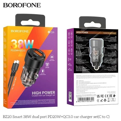 Incarcator auto Borofone 38W PD 20W + QC 3.0 18W set cu cablu Type-C Negru foto