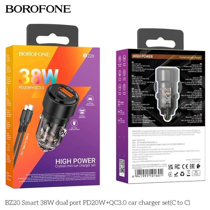 Incarcator auto Borofone 38W PD 20W + QC 3.0 18W set cu cablu Type-C Negru